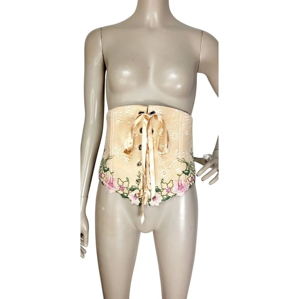 Cacique Renaissance Romantic Floral Lace Ribbon Lace-Up Waist Corset Belt 14/16